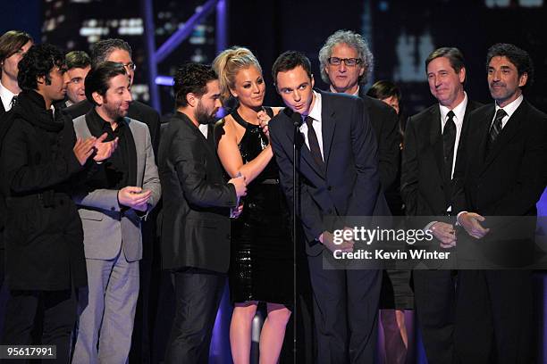 Cast members from "The Big Bang Theory" accept the Favorite TV Comedy award onstage during the People's Choice Awards 2010 held at Nokia Theatre L.A....