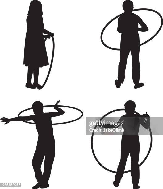 girl playing with hoop silhouettes - woman picking up toys stock illustrations