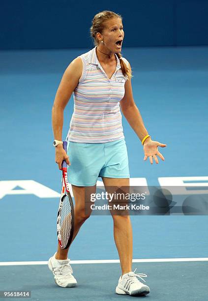 Melinda Czink of Hungary shows her frustration after a close line call in her quarter final match against Justine Henin of Belgium during day five of...