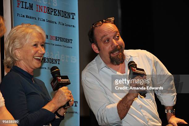 Actors Helen Mirren and Paul Giamatti participate in a Q & A session following a Film Independent screening of "The Last Station" at the Landmark...