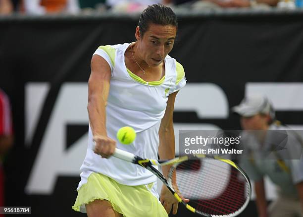 Francesca Schiavone of Italy plays a backhand during her quarterfinal match against Alize Cornet of France on day four of the ASB Classic at the ASB...