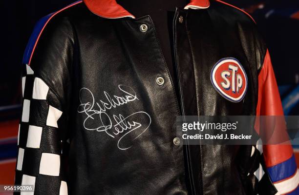 Autographed Jeff Hamilton brand leather jacket featuring the STP racing team logo is displayed at Julien's Auctions' preview of a collection of items...