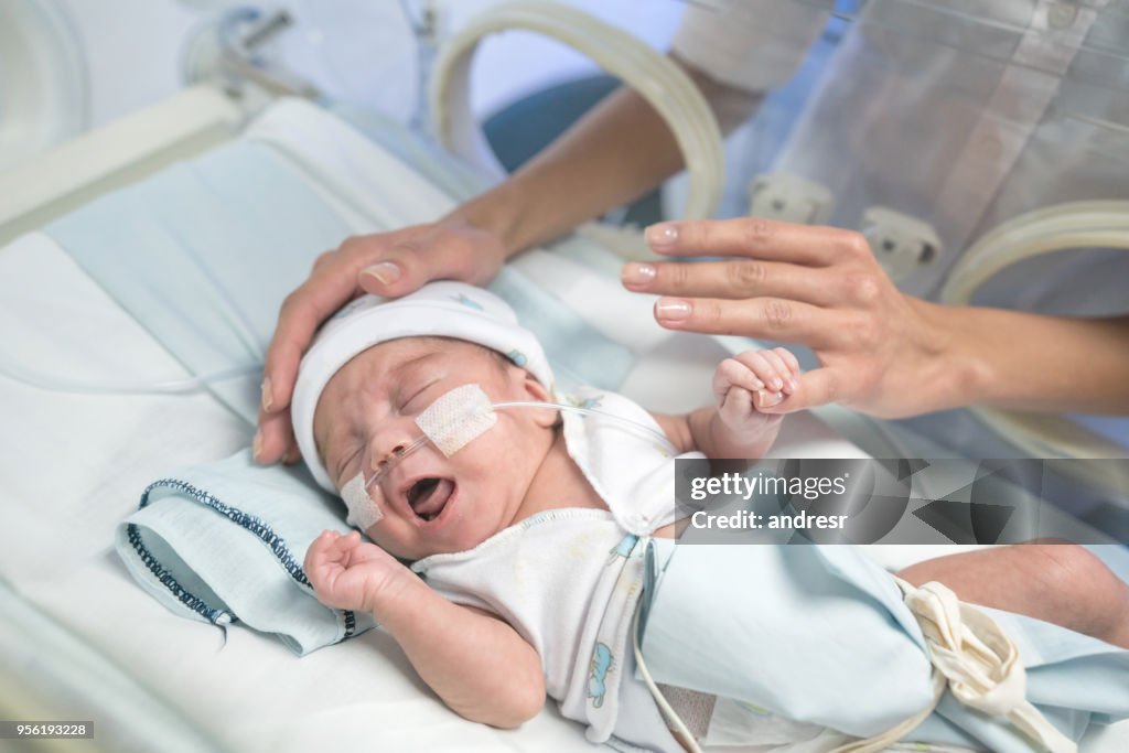 Dolce bambino prematuro in un'incubatrice e mamma irriconoscibile che accarezza il bambino cercando di calmarlo