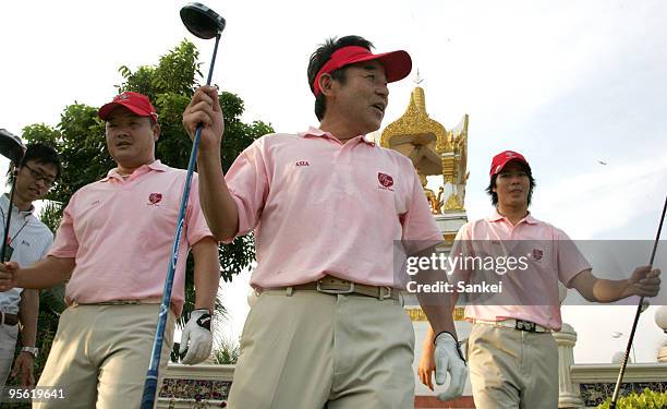 Golfers Komei Oda, Joe Ozaki and Ryo Ishikawa walk during the practice round of The Royal Trophy 2010 on January 6, 2010 in Chon Buri, Thailand.