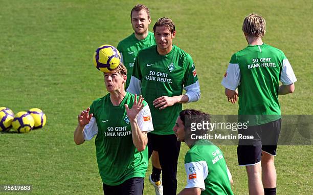 Tim Borowski of Bremen heads the ball during the Werder Bremen training session at the Al Wasl training ground on January 7, 2010 in Dubai, United...