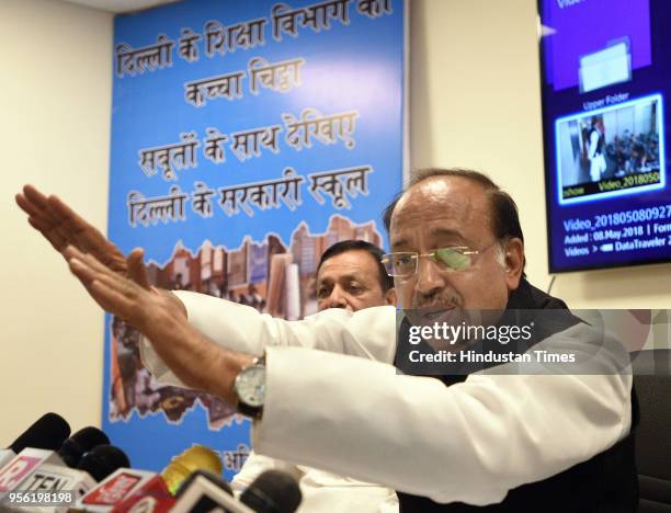 Delhi BJP leader and Union Minister Vijay Goel with BJP MLA from Mustafabad, East Delhi Jagdish Pradhan addresses a press conference over the issue...