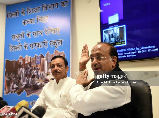 Delhi BJP leader and Union Minister Vijay Goel with BJP MLA from Mustafabad, East Delhi Jagdish Pradhan addresses a press conference over the issue...