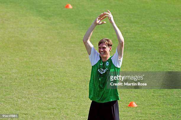 Tim Borowski of Bremen smiles during the Werder Bremen training session at the Al Wasl training ground on January 7, 2010 in Dubai, United Arab...