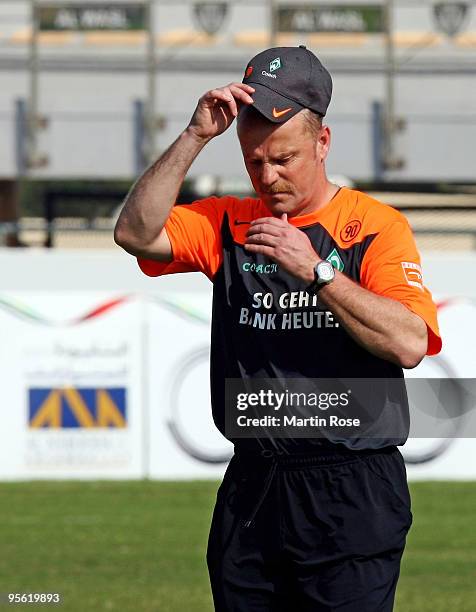 Thomas Schaaf, head coach of Bremen reacts during the Werder Bremen training session at the Al Wasl training ground on January 7, 2010 in Dubai,...