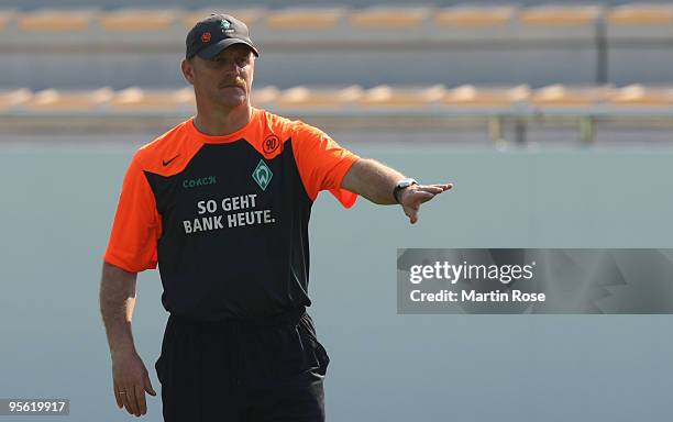 Thomas Schaaf, head coach of Bremen gestures during the Werder Bremen training session at the Al Wasl training ground on January 7, 2010 in Dubai,...