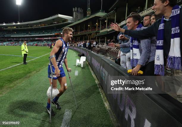 Ed Vickers-Willis of the Kangaroos talks to fans after the round seven AFL match between the Sydney Swans and the North Melbourne Kangaroos at Sydney...