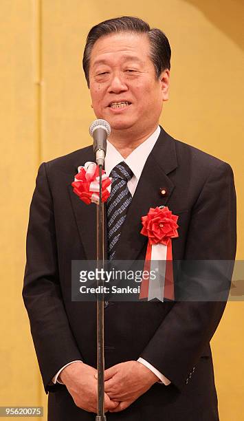 Secretary General of Democratic Party of Japan Ichiro Ozawa makes a speech during the a New Year party of the Japan Trade Union Confederation Tokyo...