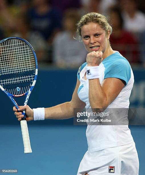 Kim Clijsters of Belgium celebrates winning her quarter final match against Lucie Safarova of the Czech Republic during day five of the Brisbane...