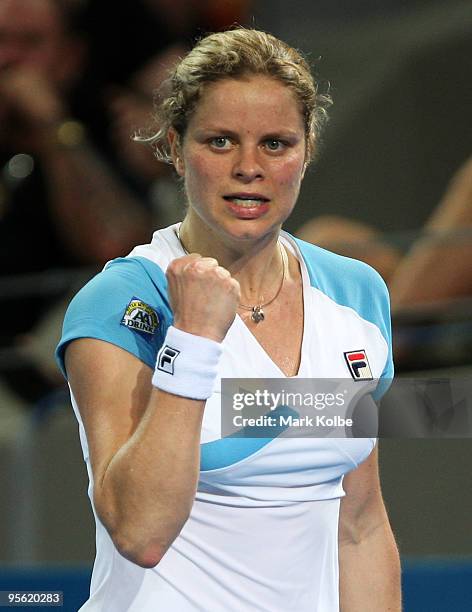 Kim Clijsters of Belgium celebrates winning a point in her quarter final match against Lucie Safarova of the Czech Republic during day five of the...