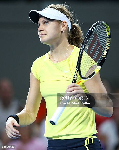 Lucie Safarova of the Czech Republic reacts after losing a point in her quarter final match against Kim Clijsters of Belgium during day five of the...