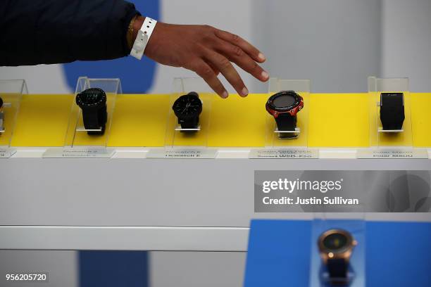 Android smart watches are displayed at the Google I/O 2018 Conference at Shoreline Amphitheater on May 8, 2018 in Mountain View, California. Google's...