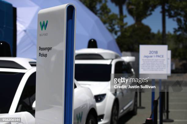 Waymo self-driving vehicles are displayed at the Google I/O 2018 Conference at Shoreline Amphitheater on May 8, 2018 in Mountain View, California....