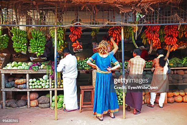 Hawker stall offering fresh fruits and vegetables. On December 19, 2009 in Varkala near Trivandrum, Kerala, South India.