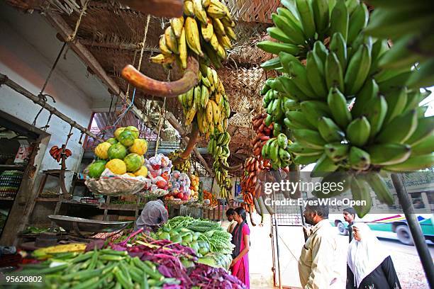 Hawker stall offering fresh fruits and vegetables. On December 19, 2009 in Varkala near Trivandrum, Kerala, South India.