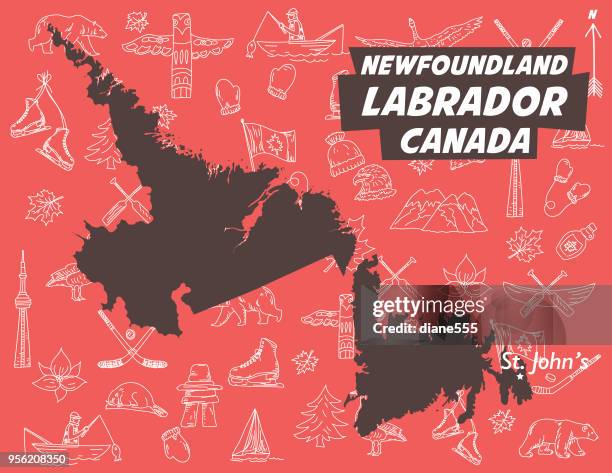stockillustraties, clipart, cartoons en iconen met newfoundland en labrador canada over een patroon van canadese thema doodle tekeningen - gander-newfoundland