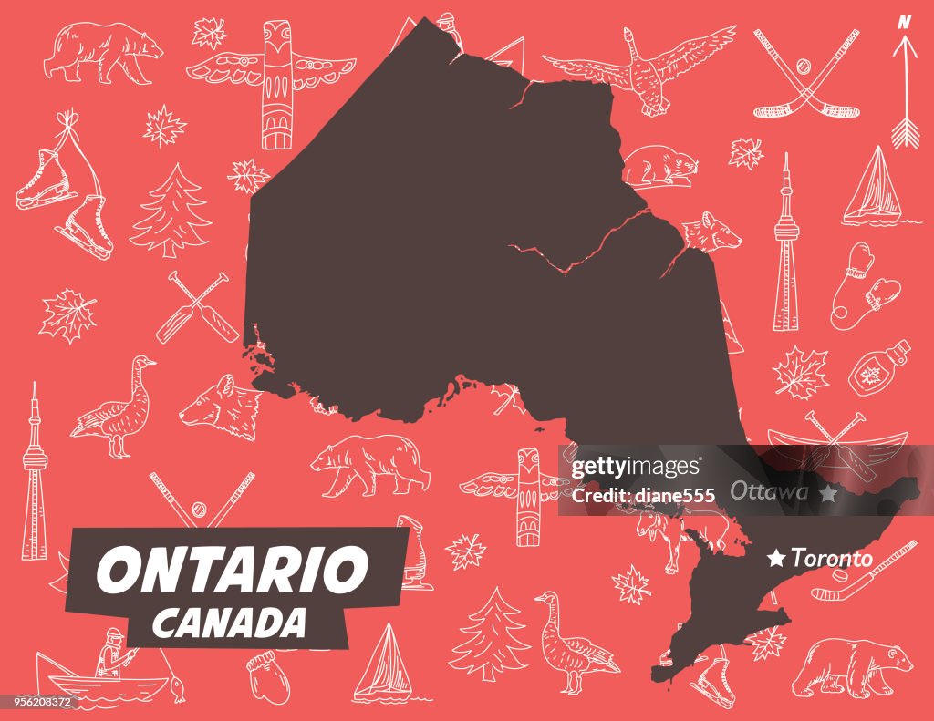 Province Of Ontario Canada Over A Pattern Of canadian Themed Doodle Drawings