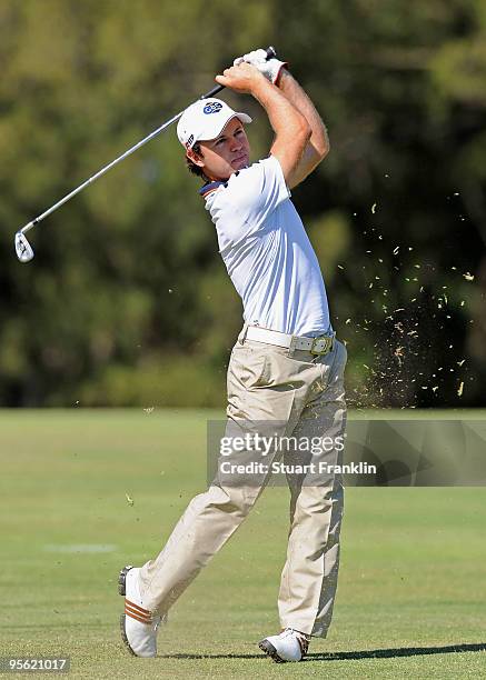 Richard Sterne of South Africa plays his approach shot on the 15th hole during the first round of the Africa Open at the East London Golf Club on...