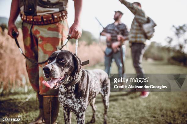 group of hunters with their dogs going for hunting action - hobby bird of prey stock pictures, royalty-free photos & images