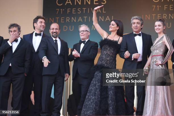 Actors Eduard Fernandez, Javier Bardem, director Asghar Farhadi, actress Penelope Cruz, wearing jewels by Atelier Swarovski Fine Jewelry, actor...