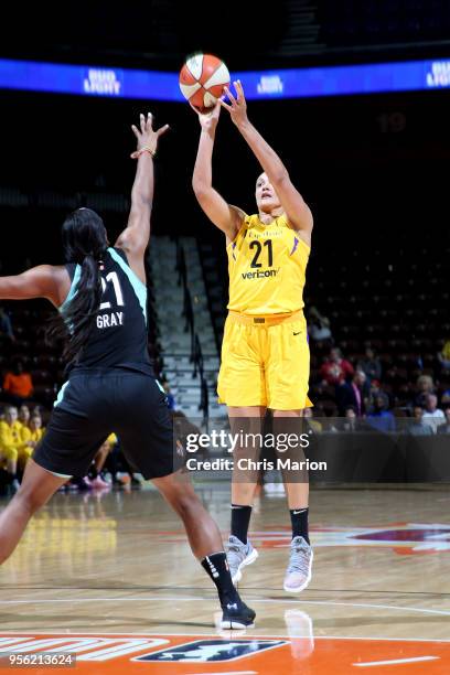 Mistie Bass of the Los Angeles Sparks shoots the ball against the New York Liberty during a pre-season game on May 8, 2018 at Mohegan Sun Arena in...