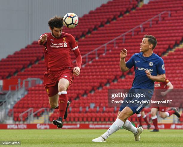 Corey Whelan of Liverpool and Charlie Colkett of Chelsea in action during the Liverpool v Chelsea PL2 game at Anfield on May 8, 2018 in Liverpool,...