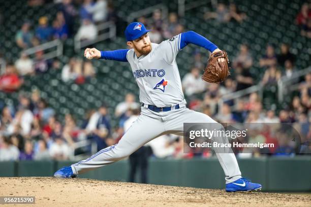 Danny Barnes of the Toronto Blue Jays pitches against the Minnesota Twins on April 30, 2018 at Target Field in Minneapolis, Minnesota. The Blue Jays...