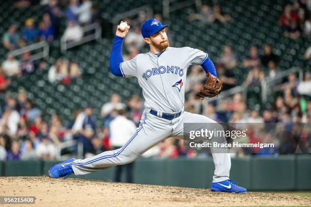 Danny Barnes of the Toronto Blue Jays pitches against the Minnesota Twins on April 30, 2018 at Target Field in Minneapolis, Minnesota. The Blue Jays...