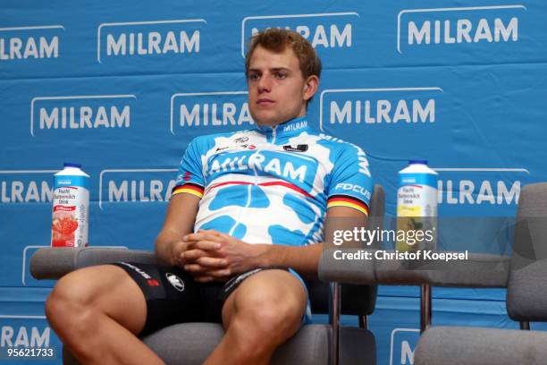 Gerald Ciolek of Team Milram is seen during a press conference to present the Milram cycling team at the Signal Iduna Park on January 7, 2010 in...