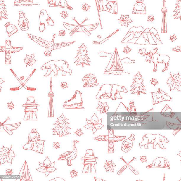 canadian themed doodle icons - maple leaf vector pattern stock illustrations