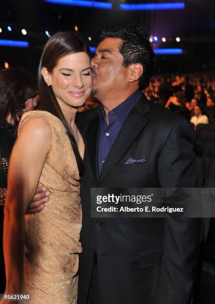 Actors Sandra Bullock and George Lopez attend the People's Choice Awards 2010 held at Nokia Theatre L.A. Live on January 6, 2010 in Los Angeles,...