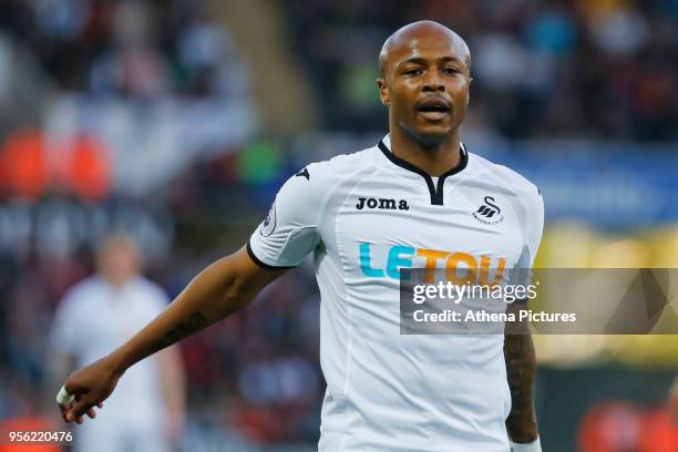 Andre Ayew of Swansea City in action during the Premier League match between Swansea City and Southampton at The Liberty Stadium on May 08, 2018 in...