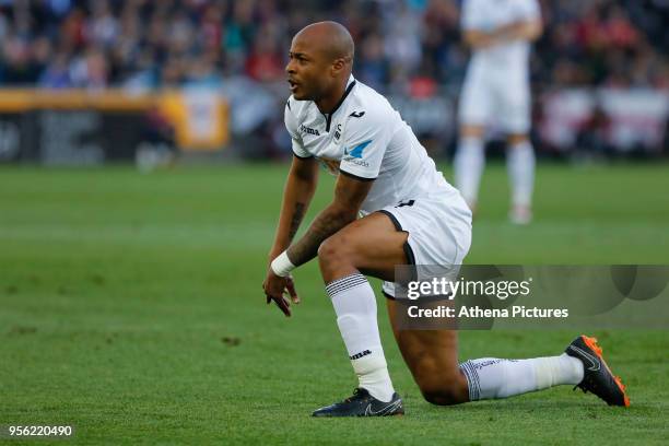 Andre Ayew of Swansea City in action during the Premier League match between Swansea City and Southampton at The Liberty Stadium on May 08, 2018 in...