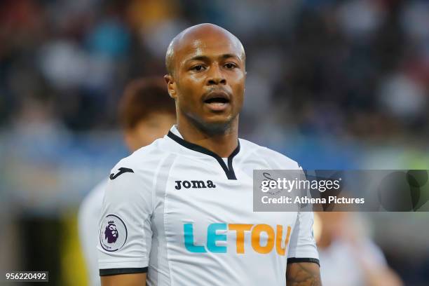 Andre Ayew of Swansea City in action during the Premier League match between Swansea City and Southampton at The Liberty Stadium on May 08, 2018 in...