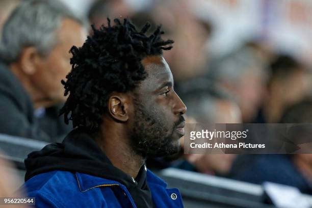Wilfried Bony of Swansea City watches the game from the stand during the Premier League match between Swansea City and Southampton at The Liberty...