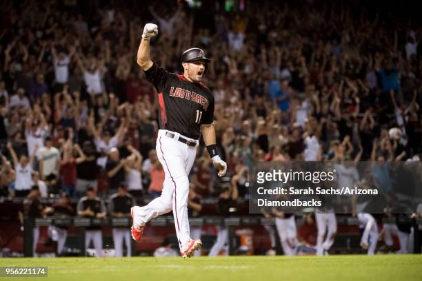 Pollock of the Arizona Diamondbacks celebrates after hitting a walk-off RBI single during a game against the Houston Astros at Chase Field on May 5,...