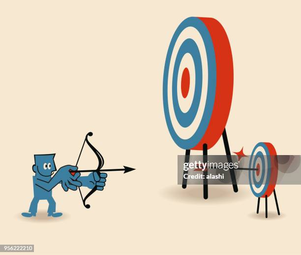 businessman aiming at smaller target and shooting on bull's-eye of dartboard - niche stock illustrations