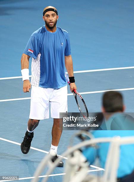 James Blake of the USA voices his frustration to the chair umpire after a close line call in his quarter final match against Gael Monfils of France...