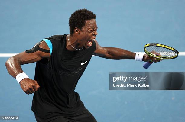 Gael Monfils of France celebrates winning a game in his quarter final match against James Blake of the USA during day five of the Brisbane...