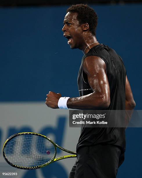 Gael Monfils of France celebrates winning a point in his quarter final match against James Blake of the USA during day five of the Brisbane...