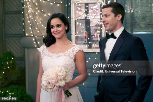 Jake & Amy" Episode 522 -- Pictured: Melissa Fumero as Amy Santiago, Andy Samberg as Jake Peralta --