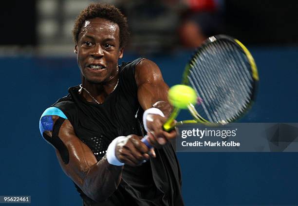 Gael Monfils of France cplays a backhand in his quarter final match against James Blake of the USA during day five of the Brisbane International 2010...