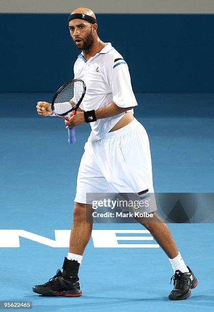 James Blake of the USA celebrates after winning a point in his quarter final match against Gael Monfils of France during day five of the Brisbane...