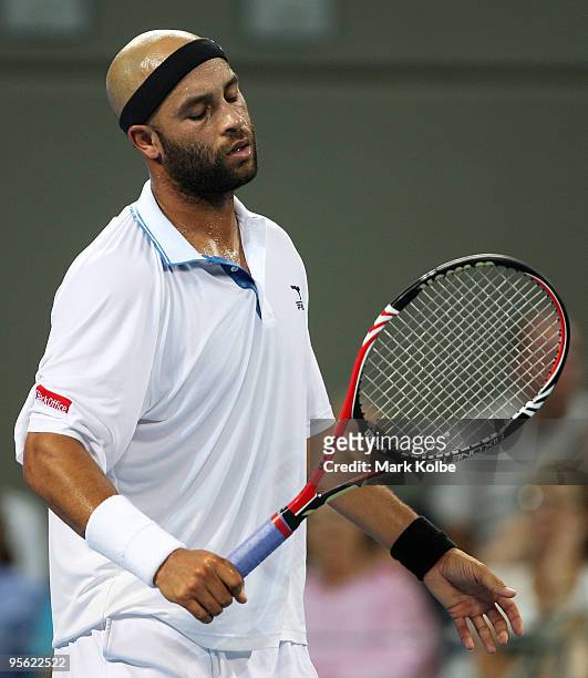 James Blake of the USA shows his frustration after losing a point in his quarter final match against Gael Monfils of France during day five of the...