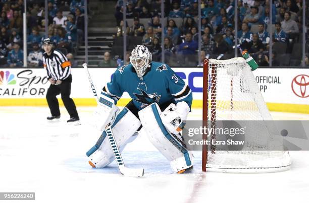 Martin Jones of the San Jose Sharks in action against the Vegas Golden Knights during Game Six of the Western Conference Second Round during the 2018...