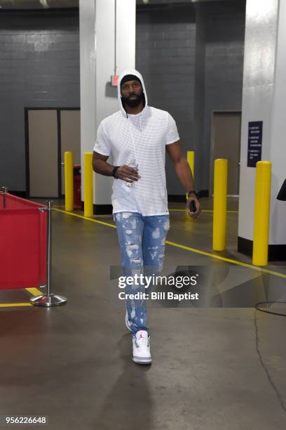 Nene Hilario of the Houston Rockets arrives at the arena before the game against the Utah Jazz in Game Five of the Western Conference Semifinals of...